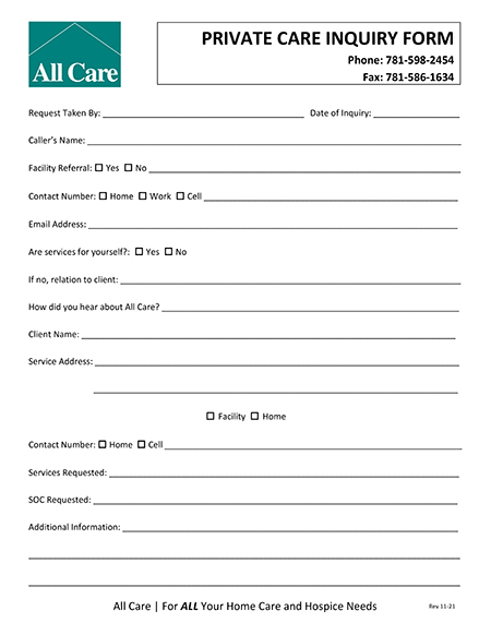 All Care Private Care Inquiry Form